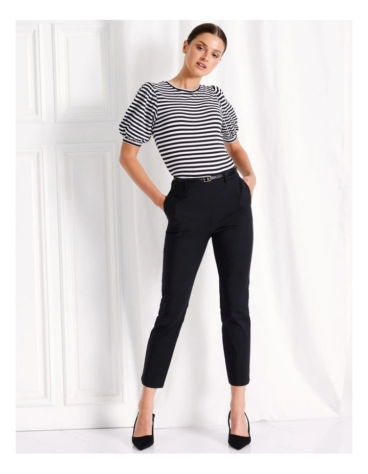 Puff Sleeve Organic Cotton Blend Striped Tee in Black/White