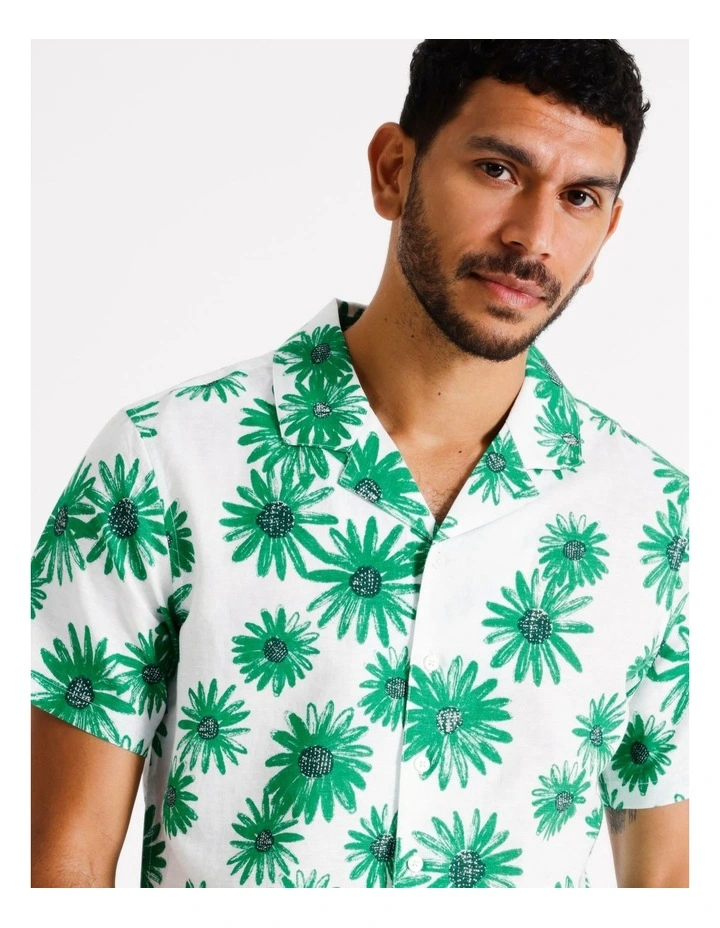 Casper Floral Print Short Sleeve Linen Blend Shirt in Green
