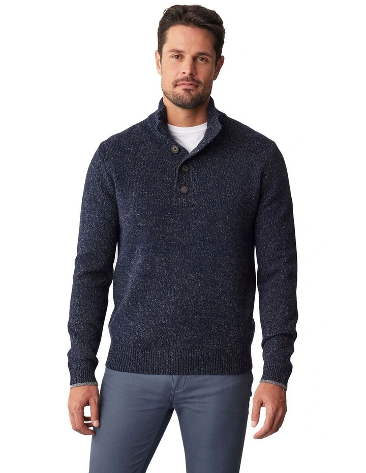 Wool Blend Button Neck Knit in Navy
