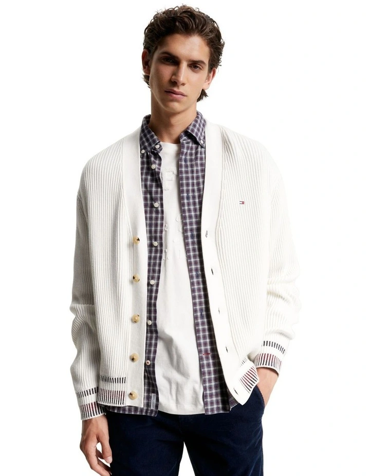 Shadow Global Stripe Rib Cardigan in White
