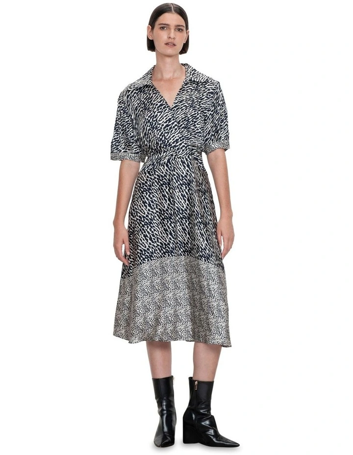 Leopard Satin Twist Dress in Ink
