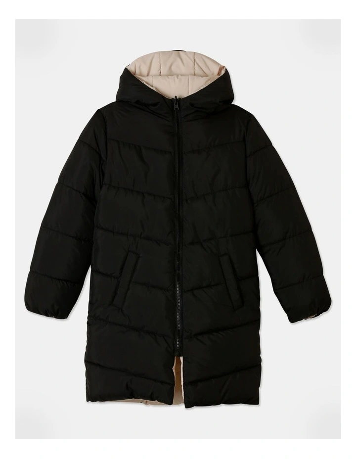 Longline Reversible Puffer Jacket in Black and Beige