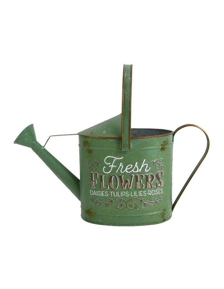 Rustic Fresh Flowers Watering Can in Distressed Green