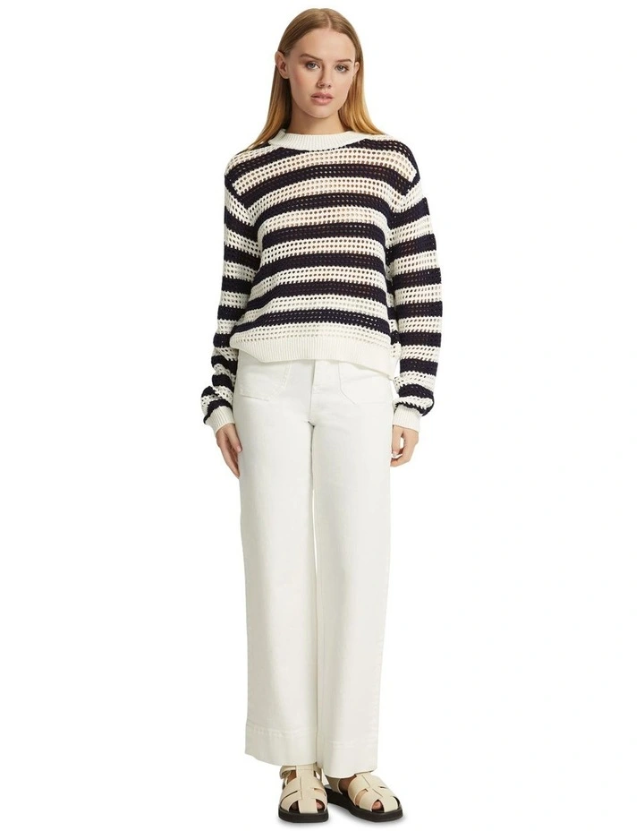 Mia Striped Open Knit Top in Ivory/Navy