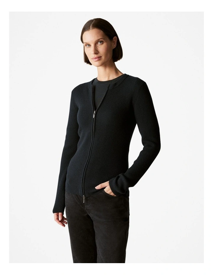 Merino Rib Zip Through Cardigan in Black
