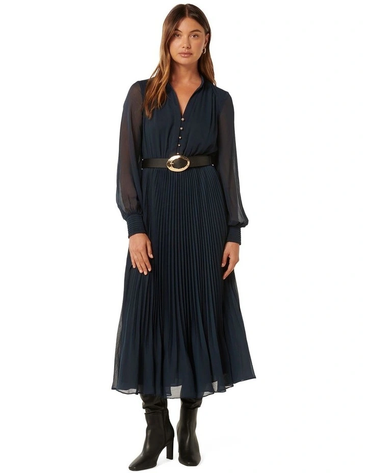 Misha Pleated Midi Dress in Blue