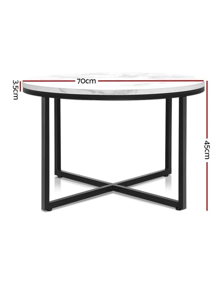 Coffee Table Marble Effect Side Tables Bedside Round Black Metal 70X70CM