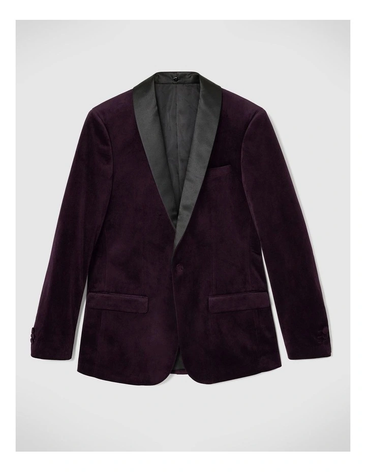 Slim Fit Velvet Tuxedo Jacket in Grape