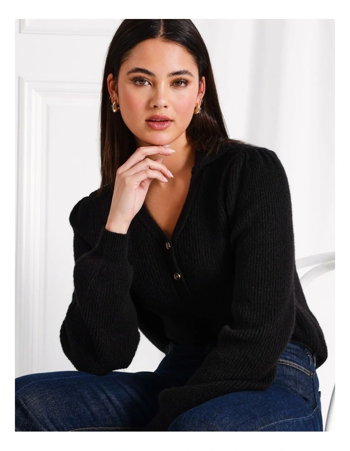 Half Placket Puff Sleeve Knit Jumper in Black