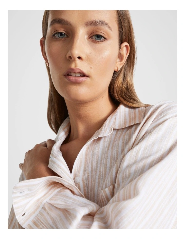 Core Linen Boyfriend Shirt in Soft Wheat Stripe