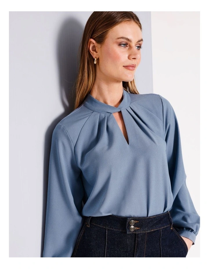 Recycled Polyester Blend Mixed Media Long Sleeve Tee in Dusty Blue