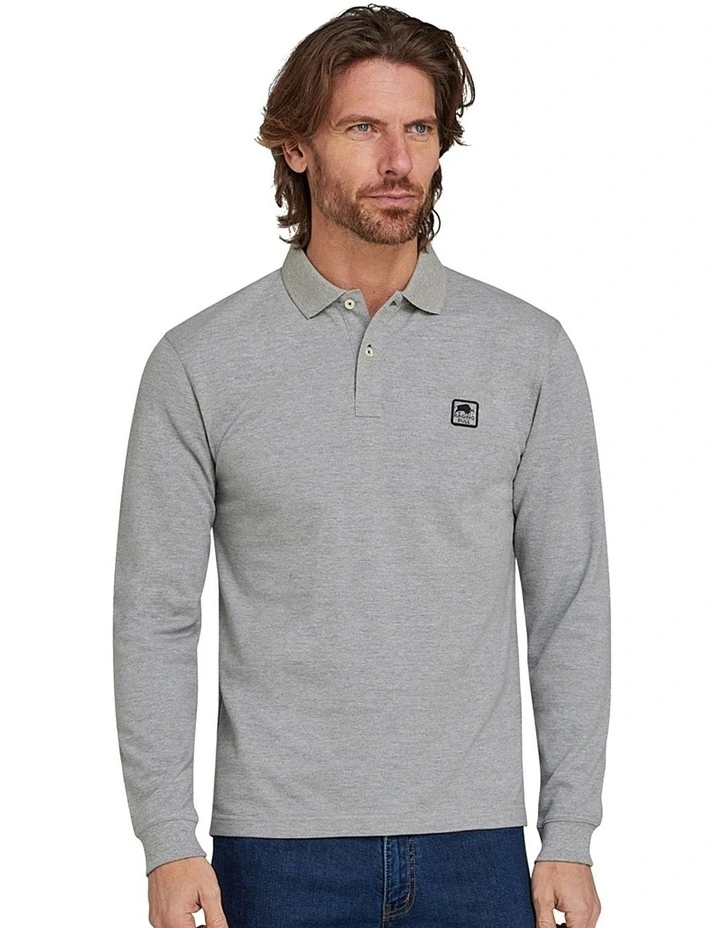 Classic Pique Patch Long Sleeve Polo Shirt in Grey Marl