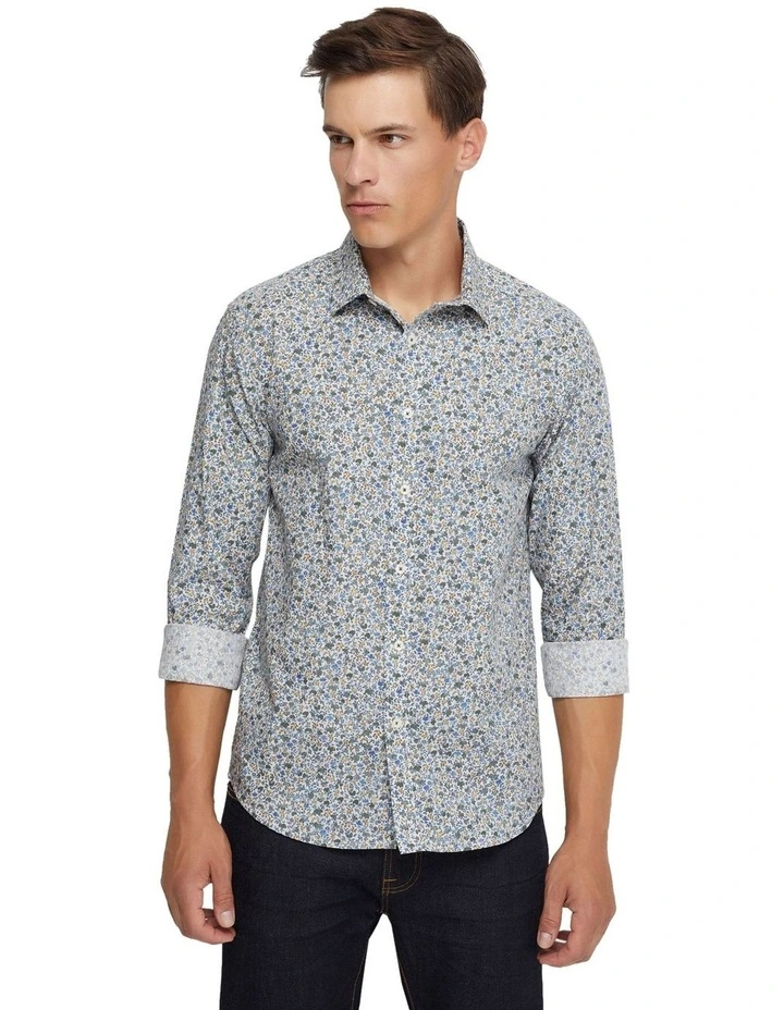 Kenton Floral Print Cotton Shirt in Blue