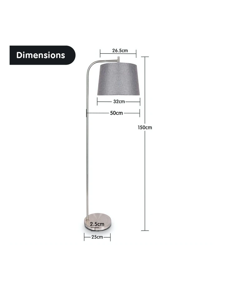 Metal Task Floor Lamp Stand In Nickel Finish Grey Linen Fabric Round Shade