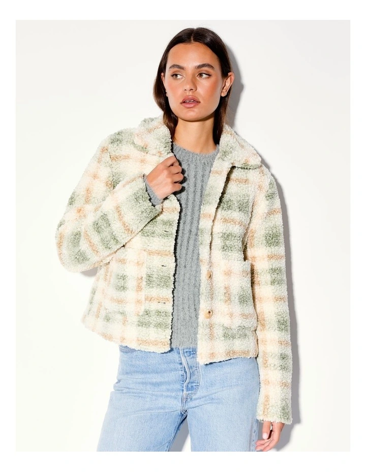 Recycled Teddy Jacket Check in Sage