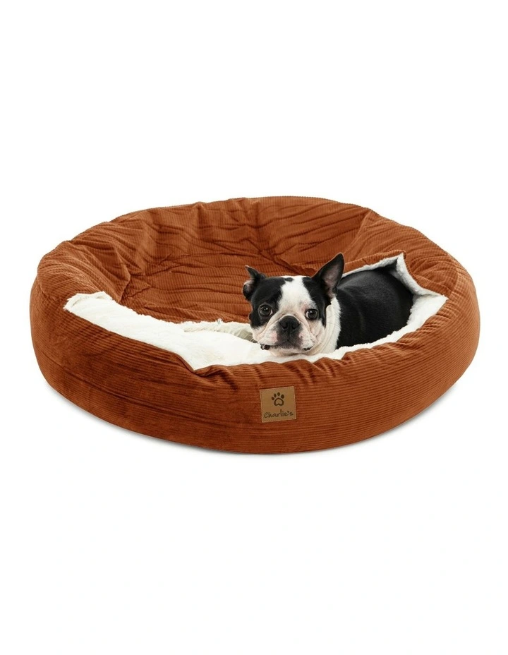 Snookie Hooded Corduroy Calming Dog Bed in Terracotta