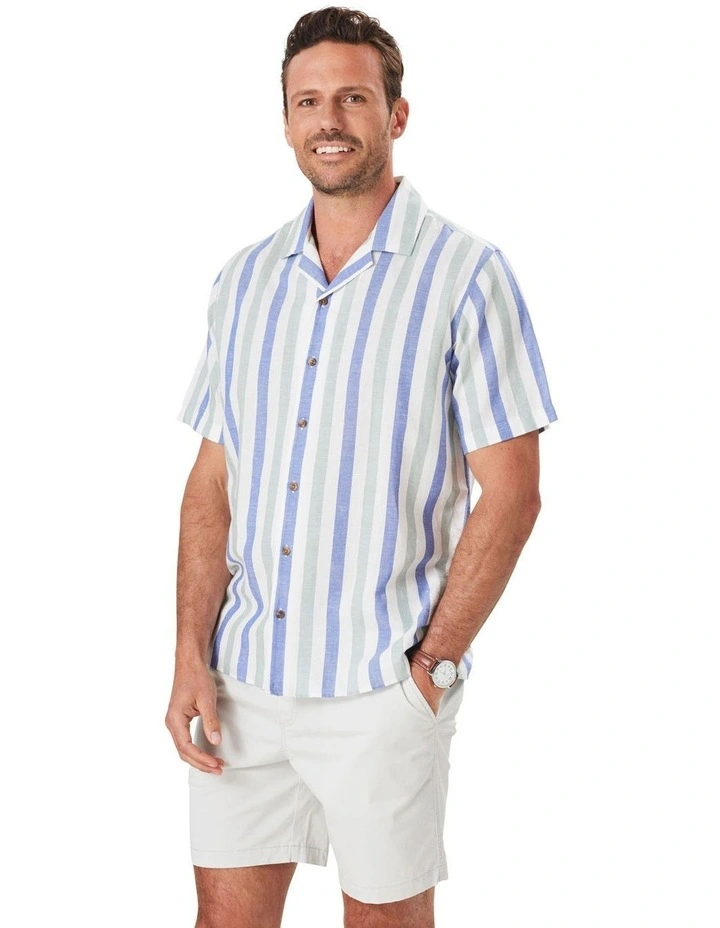 Linen Blend Deck Stripe Short Sleeve Shirt in Sage