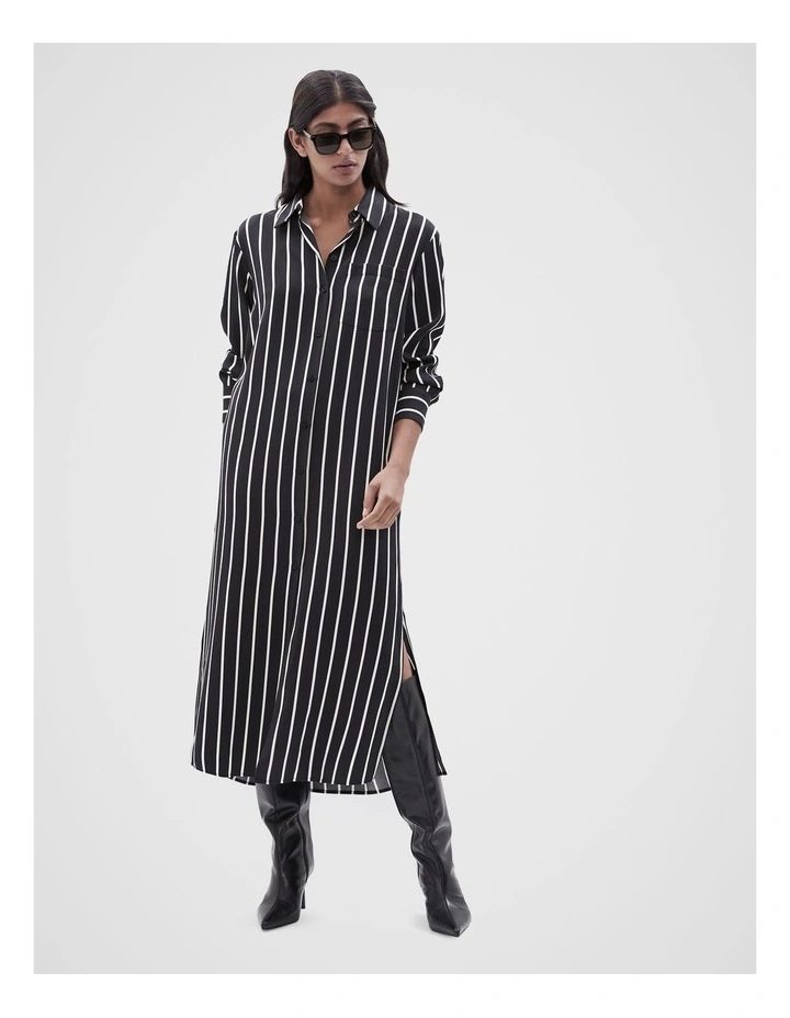 Relaxed Stripe Shirt Dress in Black