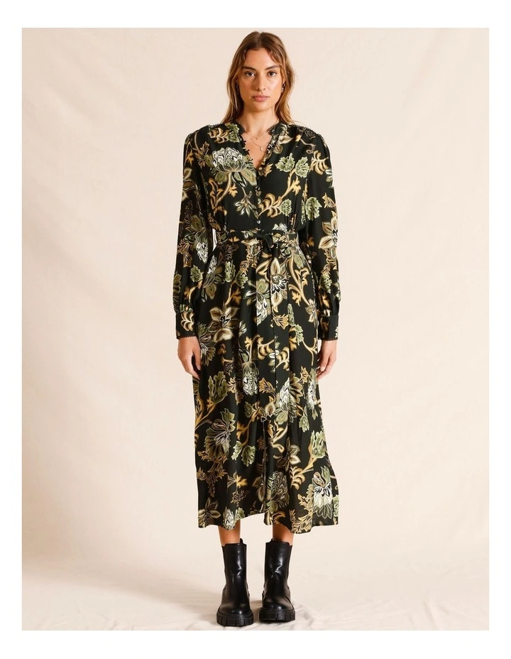 Long Sleeve Button Thru Midi Dress in Khaki Multi