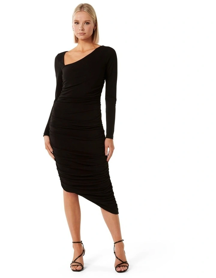 Kayla Ruched Asymmetrical Neck Midi Dress in Black