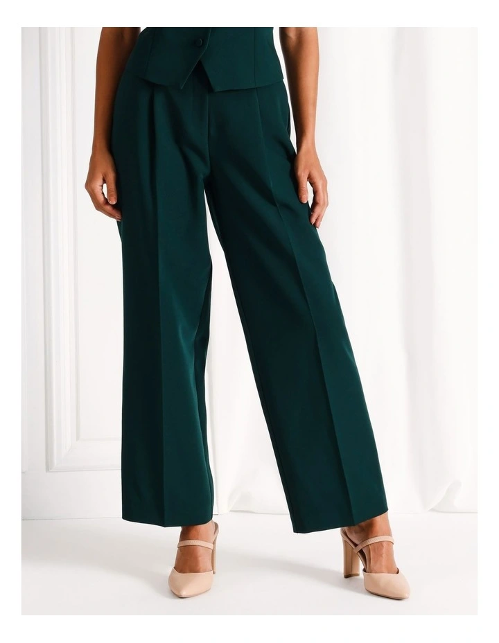 Recycled Blend Pleat Front Wide Leg Pant in Dark Green