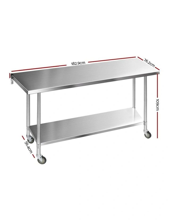 Commercial Stainless Steel Kitchen Bench Prep Table w/ Wheels 1829x76mm Silver