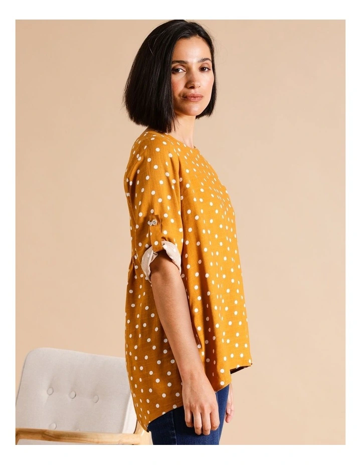 Sustainable Viscose Blend Rolled Sleeve Top With Tab And Curved Hem