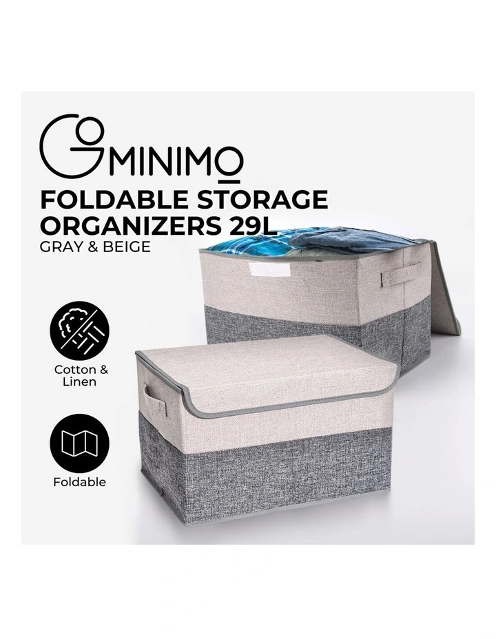 Linen Foldable Storage Organizers 2 Pack 29L in Gray/Beige