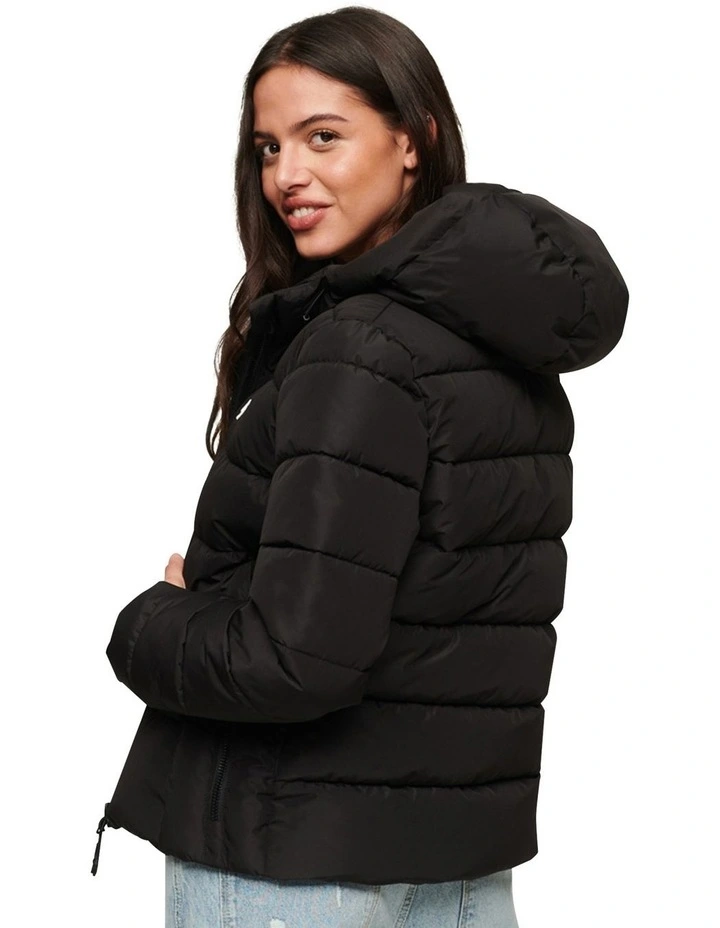 Hooded Sports Puffer Jacket in Black