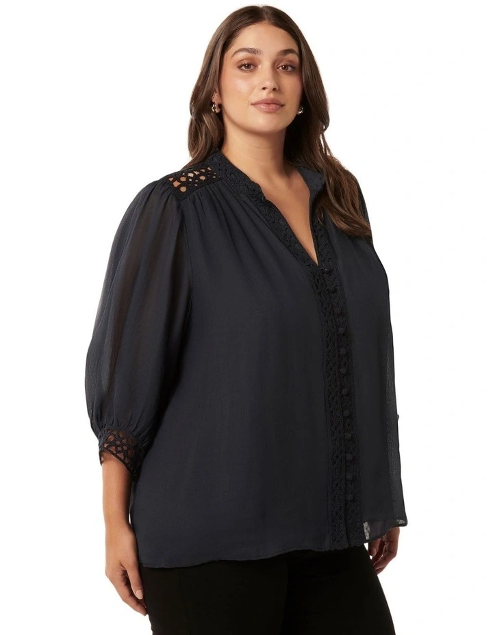 Florence Crochet Trim Blouse in Navy