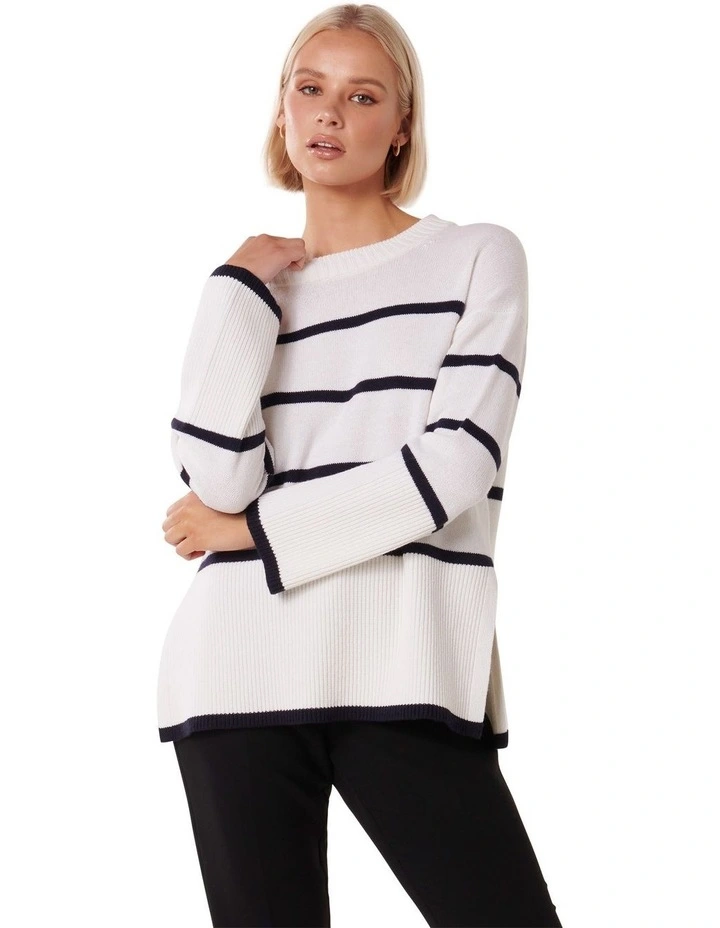 Bianca Relaxed Longline Crew Neck Jumper in Navy/Cream Stripe
