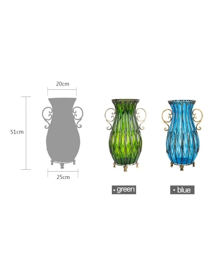 Glass Oval Floor Vase with Metal Flower Stand 51cm in Blue