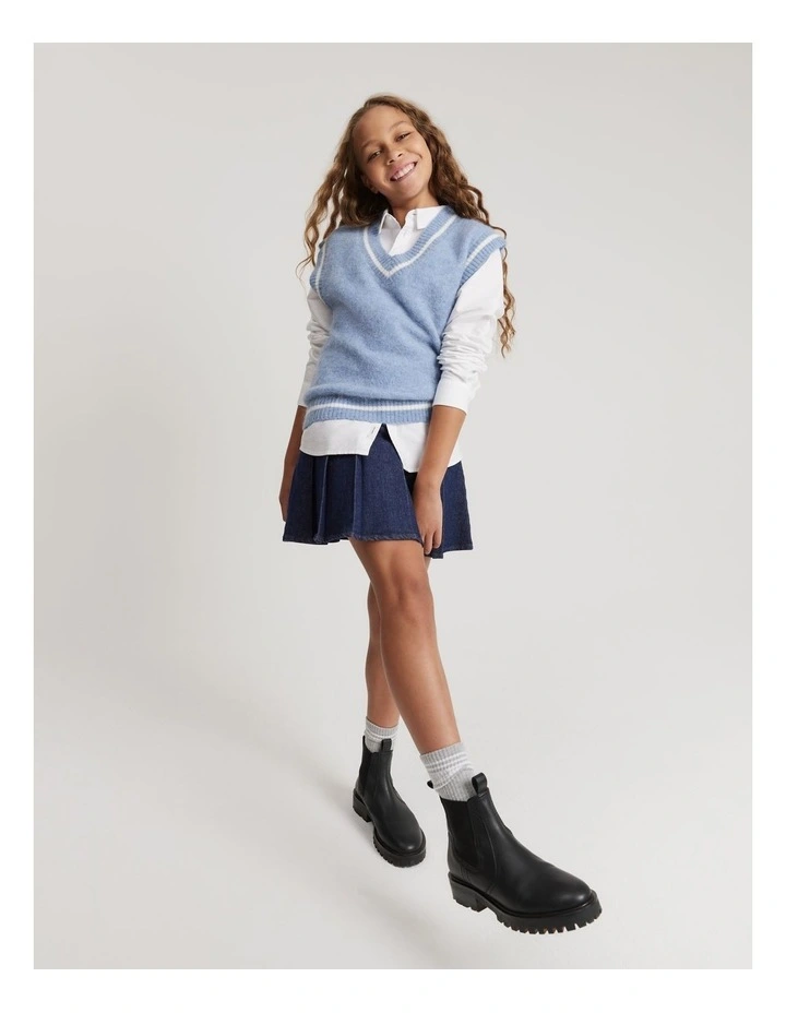 Teen Fluffy Knit Vest in Dusty Blue