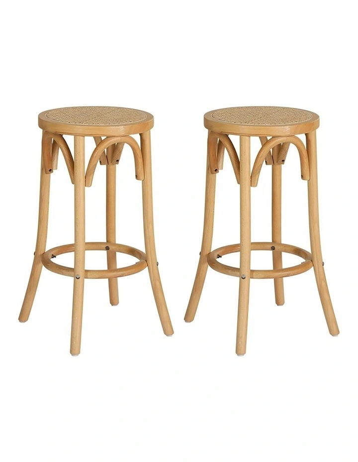 Wooden Rattan Seat Bar Stools 2x in Pine