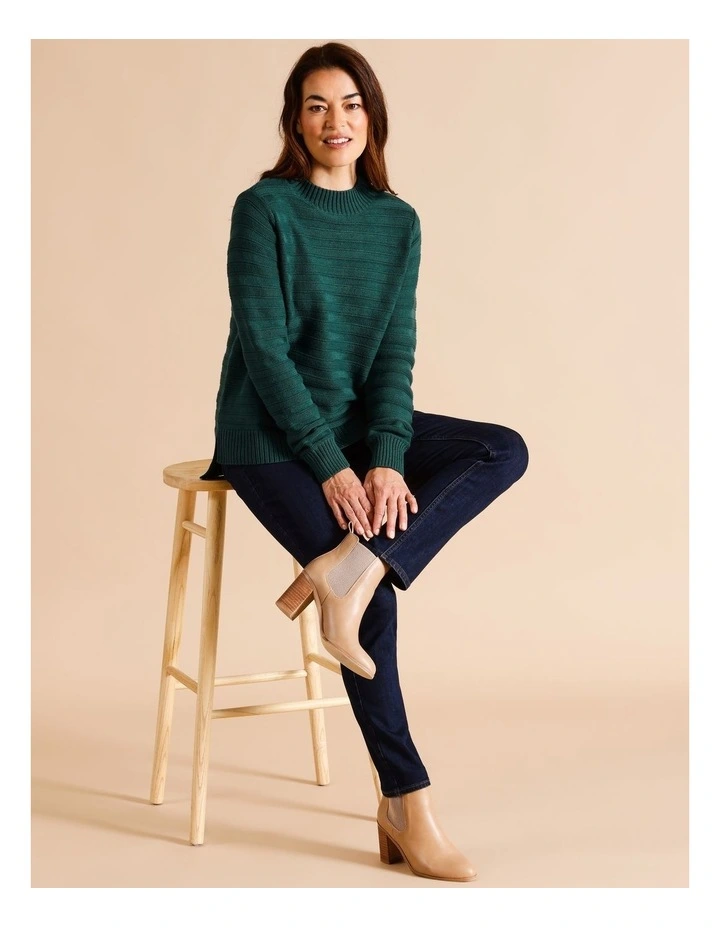 Organic Cotton Blend Patterned Stripe Jumper With Straight Hem in Pine