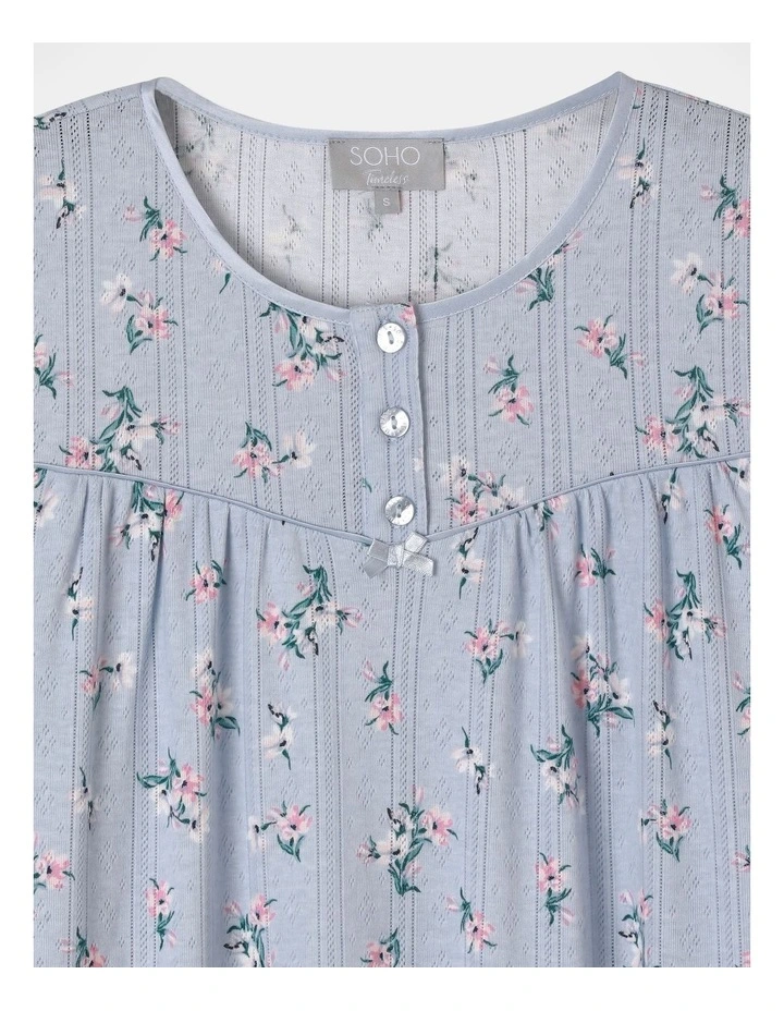 Pointelle Long Sleeve Nightie in Blue Floral