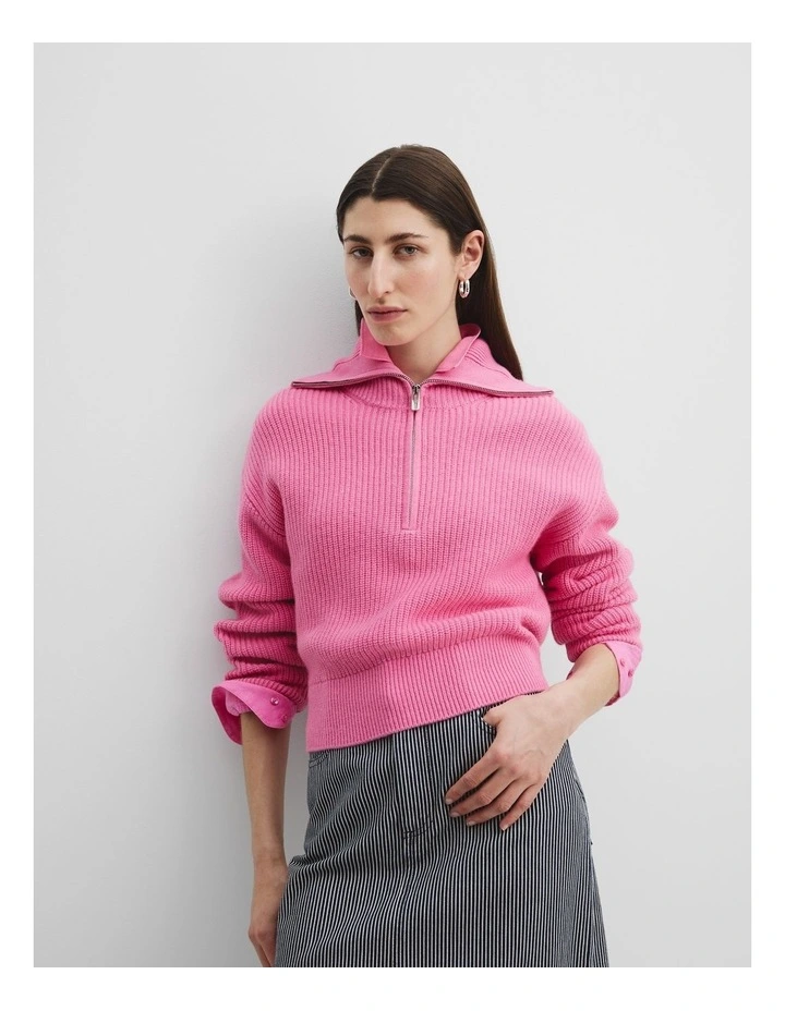 Organically Grown Cotton Blend Zip Neck Rib Knit in Pink Punch