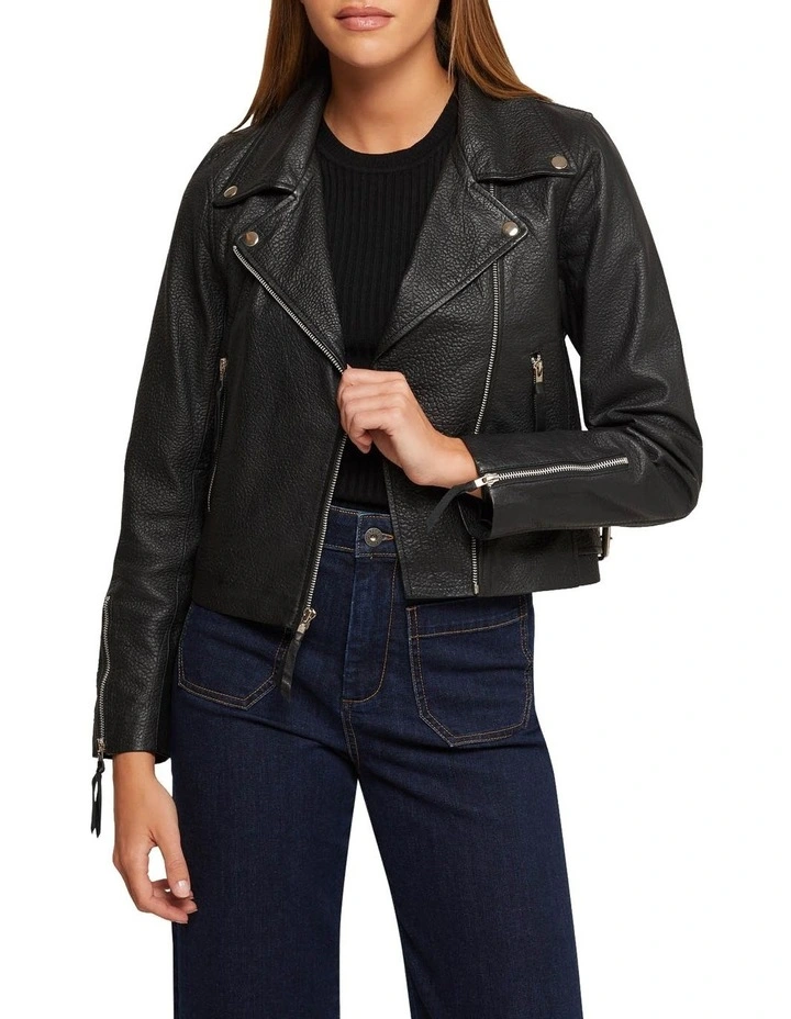 Sandy Textured Leather Jacket in Black