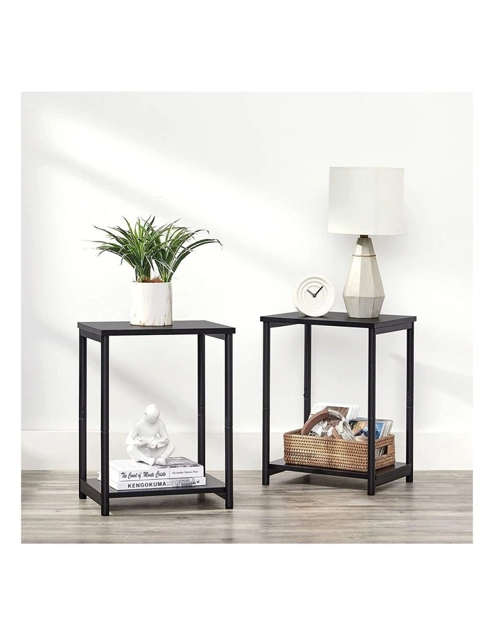 Side Table with Storage Shelf Set of 2 in Charcoal Gray/Black
