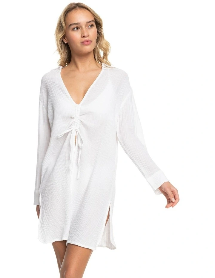 Sun And Lemonade Beach Shirt Dress in Bright White