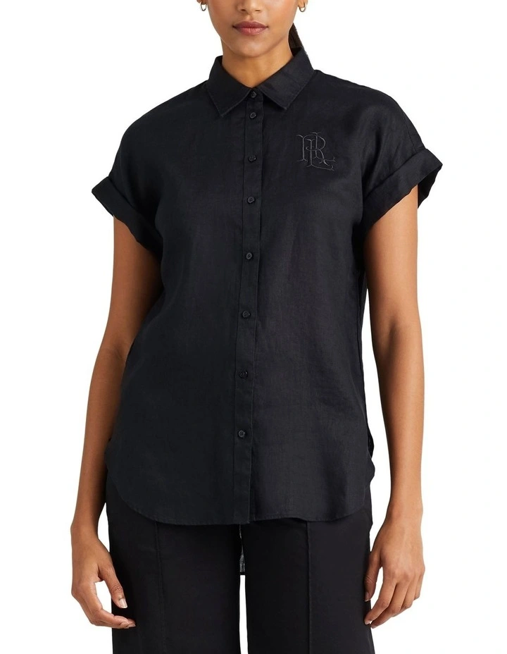 Linen Short Sleeve Shirt in Black