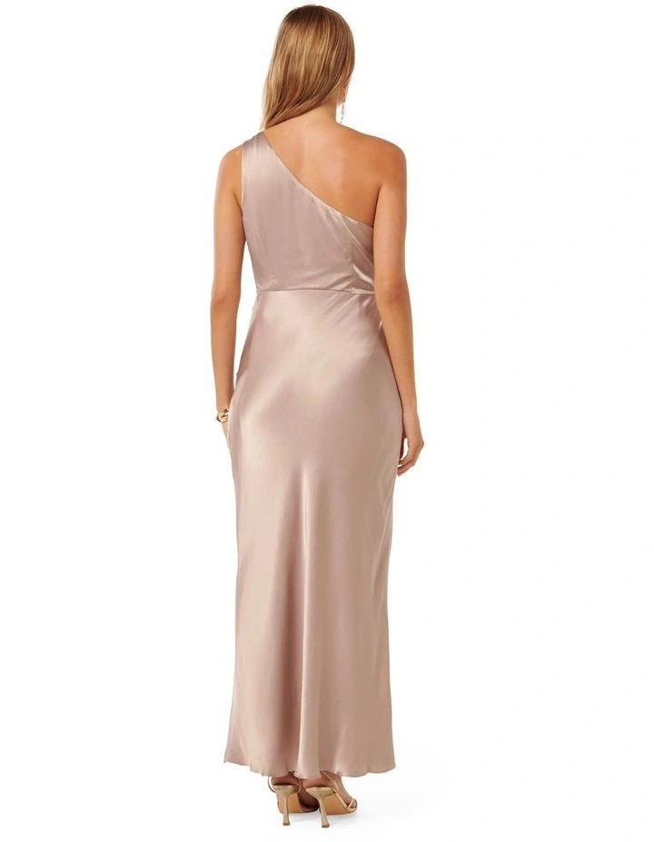 Emily One Shoulder Satin Maxi Dress in Beige