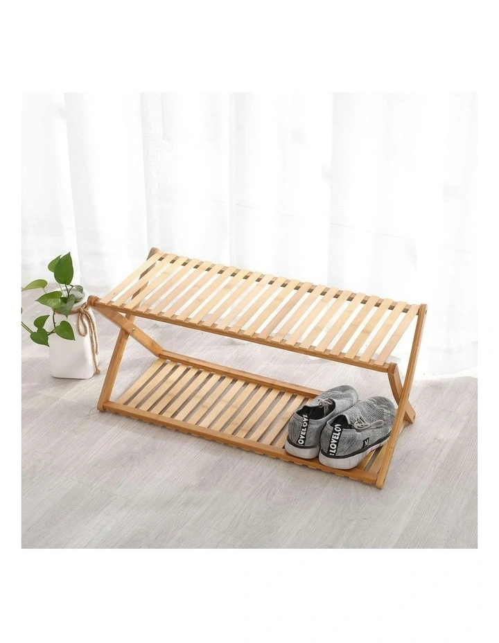 2-Tier Portable Natural Bamboo Shoe Rack 70x27.5x32cm in Brown