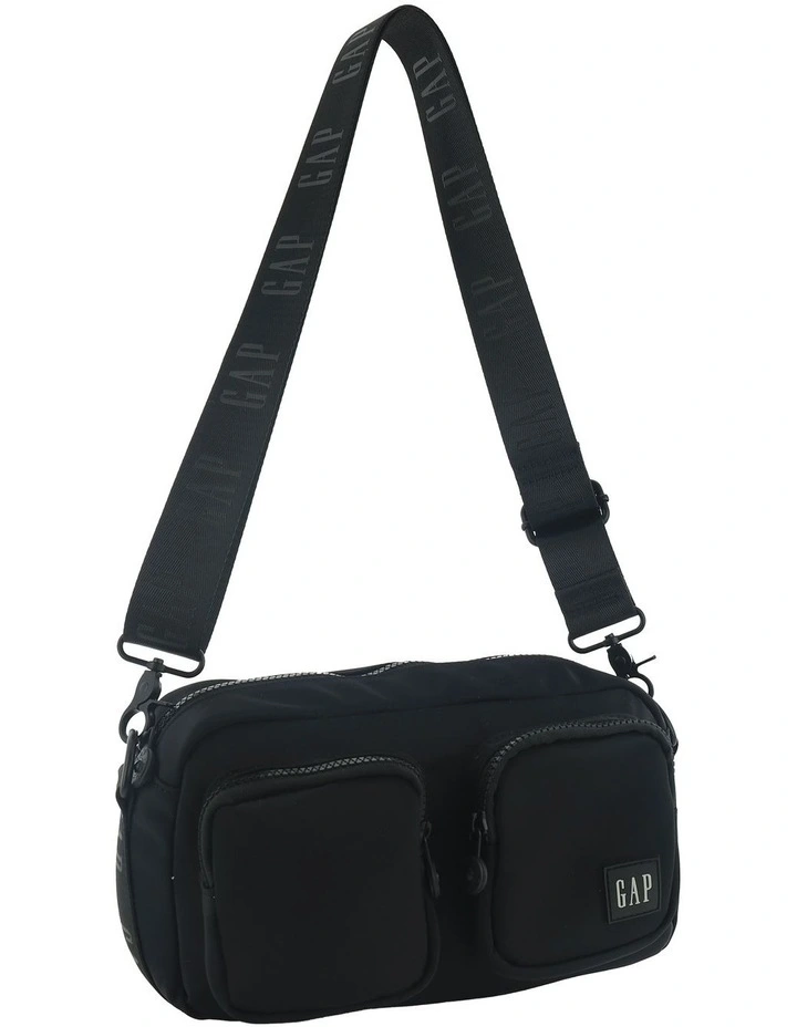 Nylon Double Pocket Cross-Body Bag in Black
