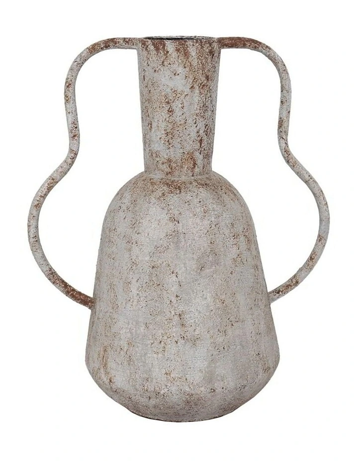 Metal Pot Aged Vase with Abstract Handles 33cm in Aged Distressed White