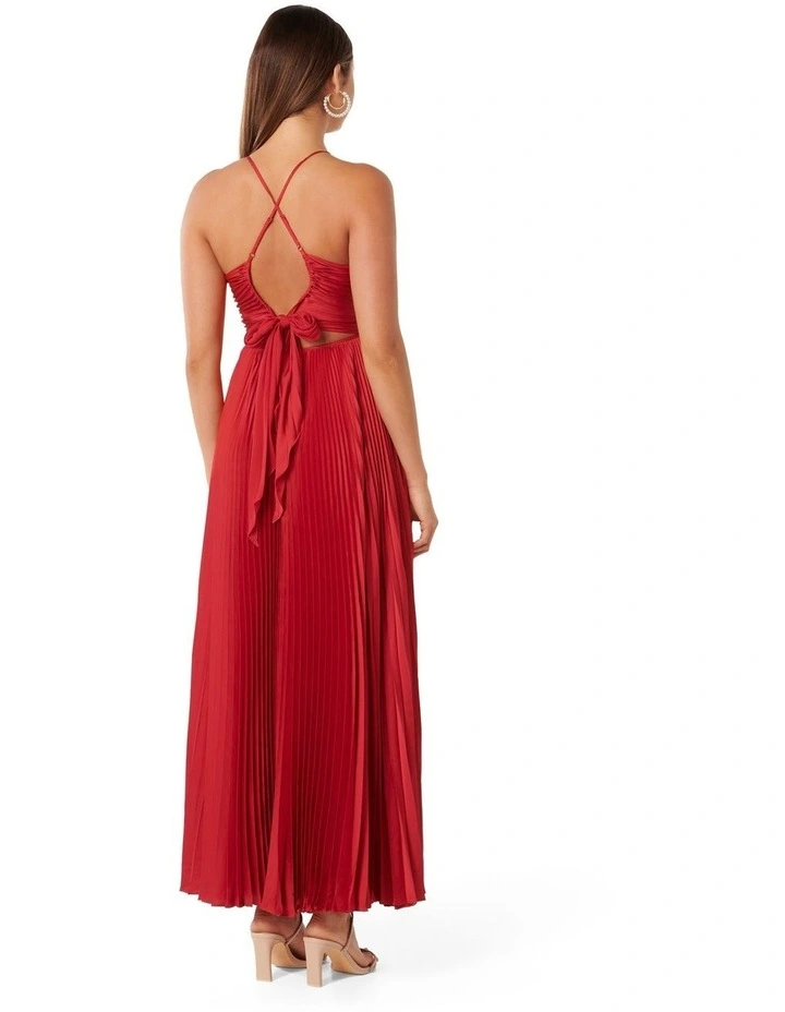 Geri Tie Back Pleated Maxi Dress in Red