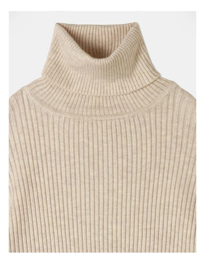 Long Sleeve Knitted Rib Roll Neck Top in Oat Marle