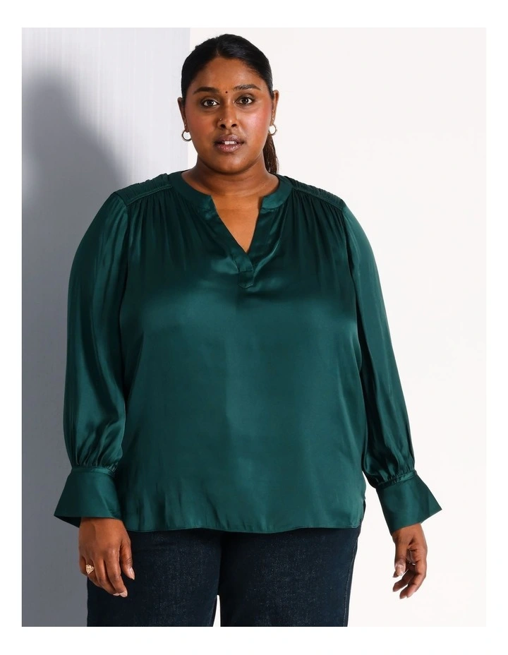 Recycled Polyester V Neck Satin Blouse in Dark Green
