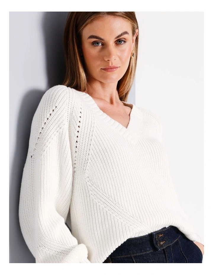 Organic Cotton V Neck Pointelle Knit in Ivory