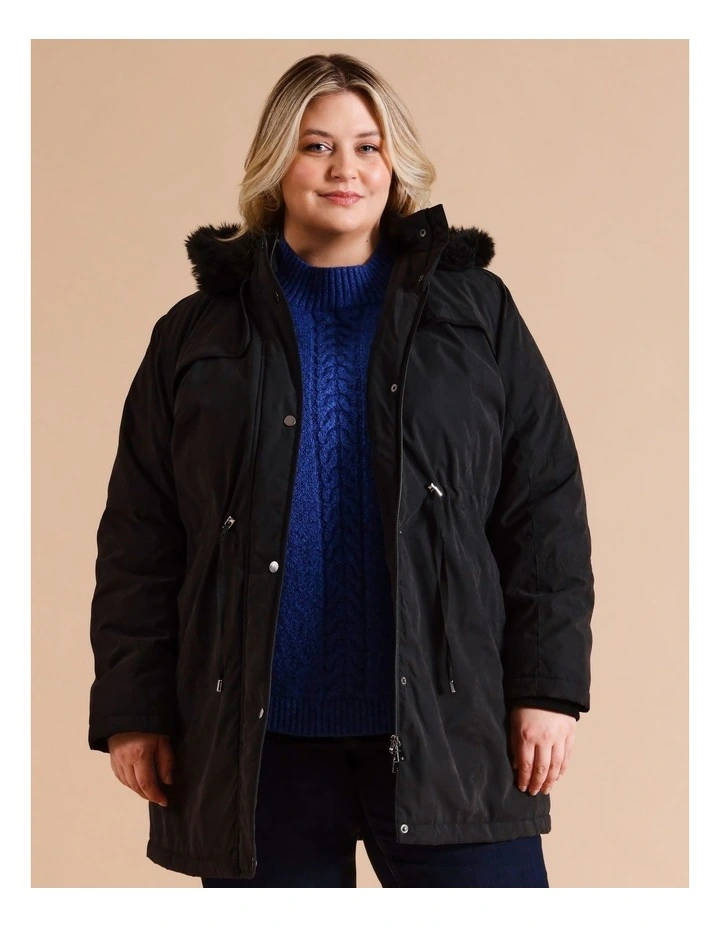 Longline Soft Fur Trim Jacket in Black